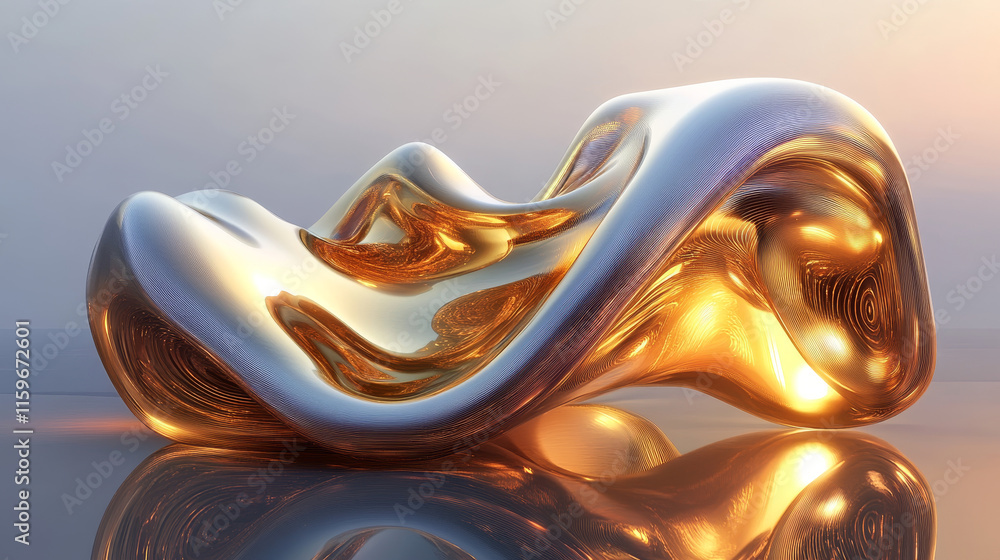 Poster 3d abstract gold liquid shape. metal fluid object design. futuristic chocolate aesthetic wavy blob s