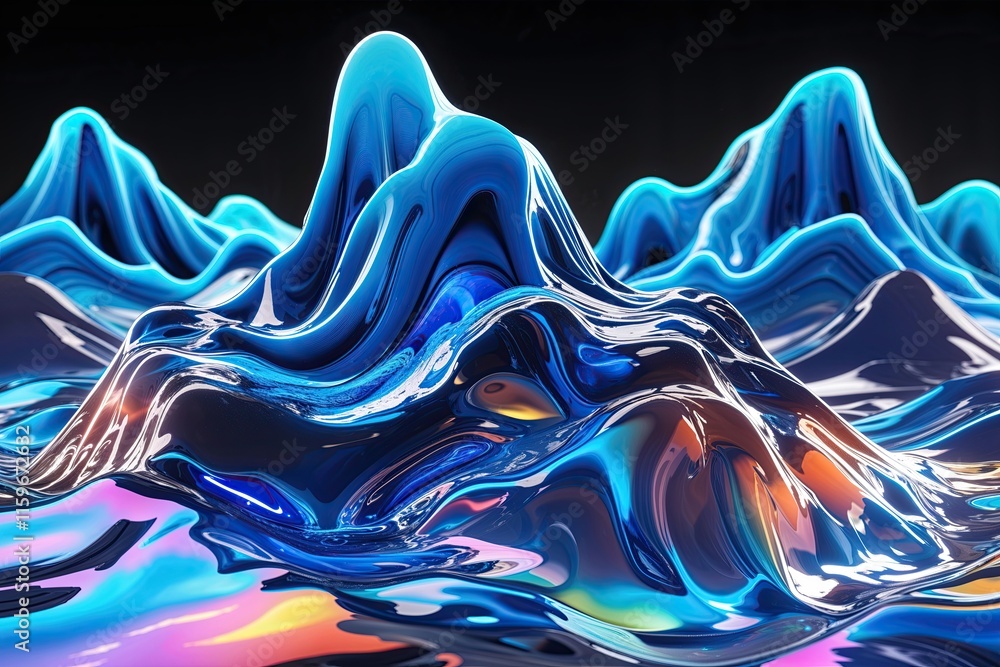 Poster surreal fluid crystals displaying three-dimensional blue waves with vibrant liquid gradient
