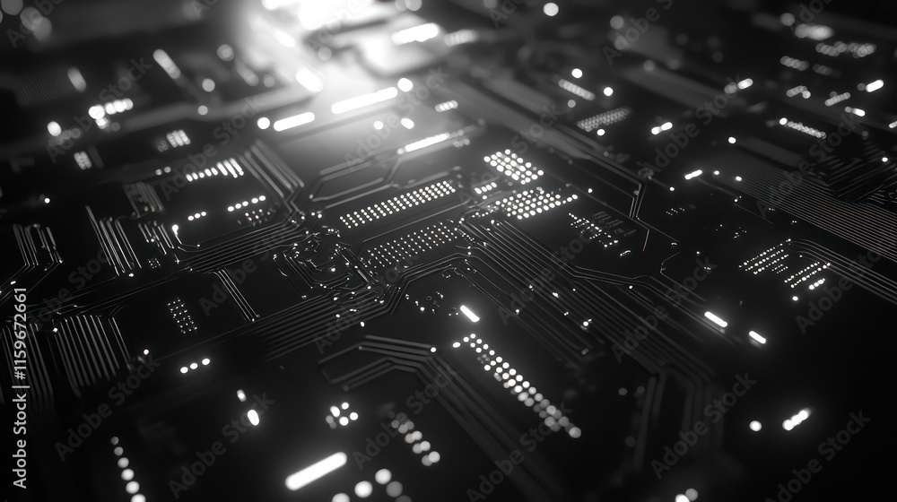 Poster Abstract close-up of a black circuit board with glowing components, showcasing intricate technological details.