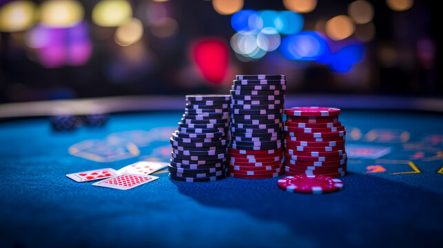 Poker background with neon chip and ace bet vector illustration. Casino led roulette concept on blue playing fabric design top view. Playing online blackjack glow holdem internet banner layout.
