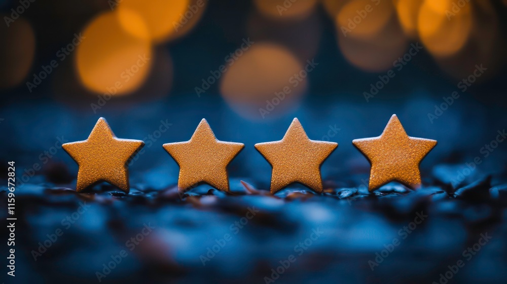 Poster four golden stars on dark background with bokeh lights, signifying high rating or quality.