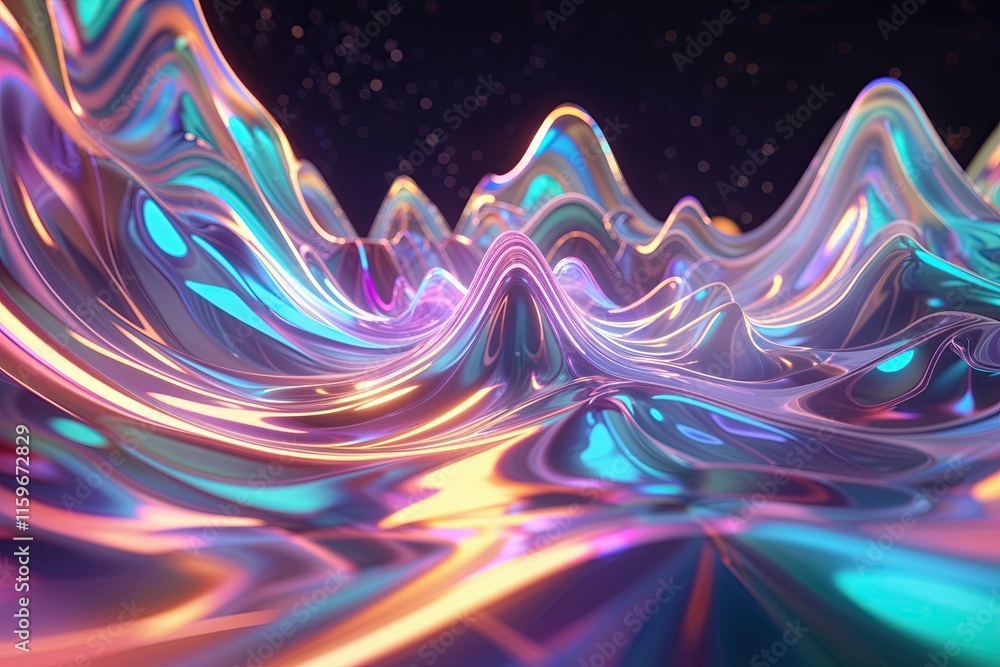 Poster captivating holographic waveforms in bloom - fluid motion psychedelic 3d artwork for websites and pr