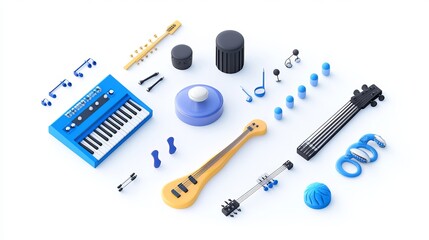 Set of colorful 3D icons of various musical instruments and accessories