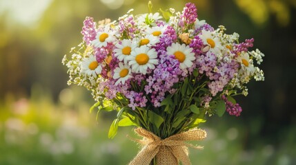 Obraz premium A lovely spring bouquet of daisies and lilacs