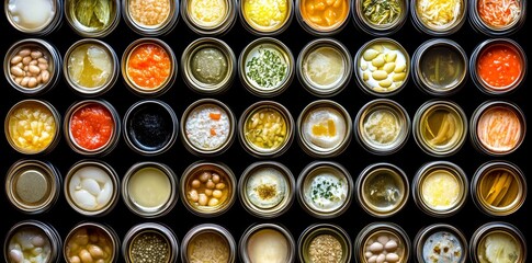 A seamless food backdrop featuring opened canned chickpeas alongside green sprouts, carrots, corn, peas, beans, and mushrooms, all set against a black background.