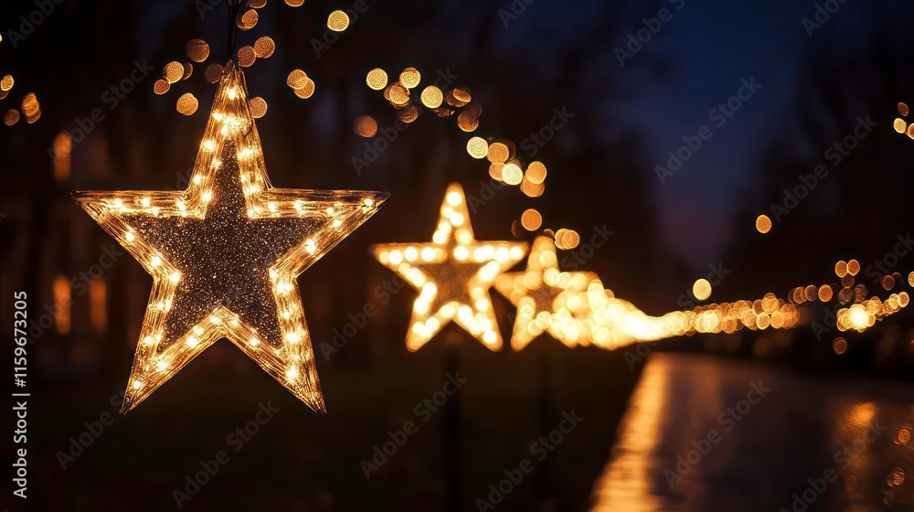 Poster illuminated star-shaped lights along a pathway at night, creating a magical, festive atmosphere.
