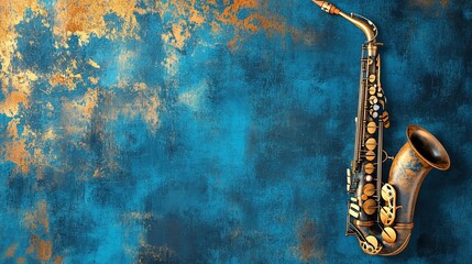 Naklejka premium Vintage saxophone on textured blue background.