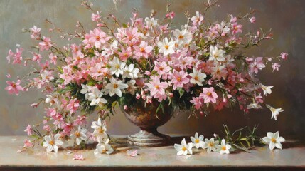 Fototapeta premium Delicate Pink And White Flowers In An Urn