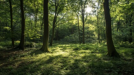 Obraz premium Tranquil woodland sanctuary, where dappled sunlight filters through dense, emerald canopies, creating a serene haven amidst verdant undergrowth.