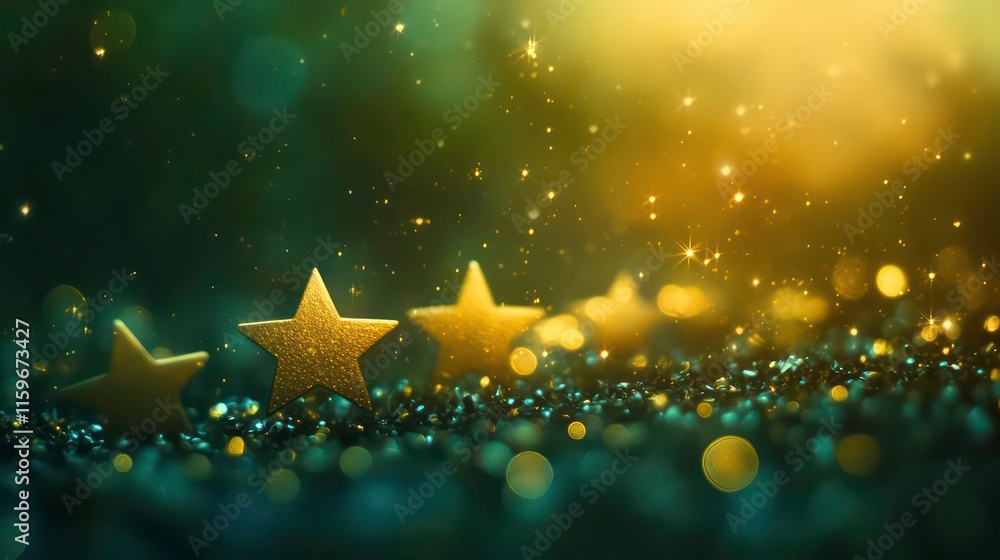 Poster sparkling gold stars on a teal glitter background with bokeh lights.