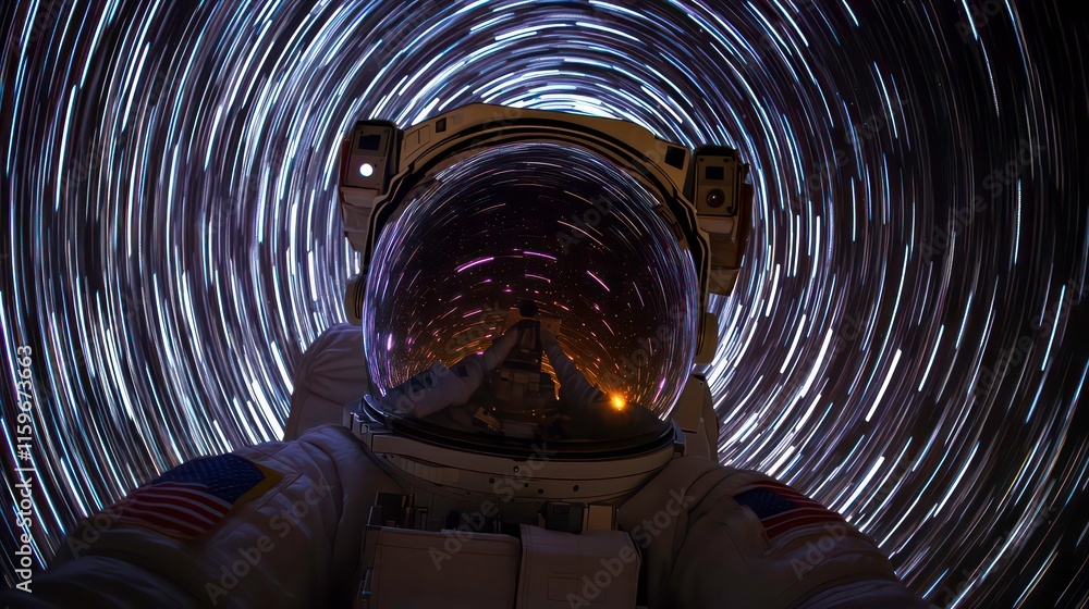 Poster astronaut in space suit with star trails reflected in helmet visor during spacewalk.