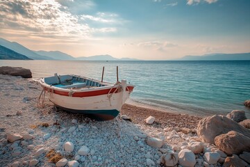 Obraz premium A serene view of a boat resting on a tranquil pebble beach by the sea.