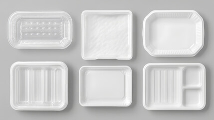 White plastic trays, package with clear film for food. Empty styrofoam containers different shapes in top view isolated on transparent background, vector realistic illustration