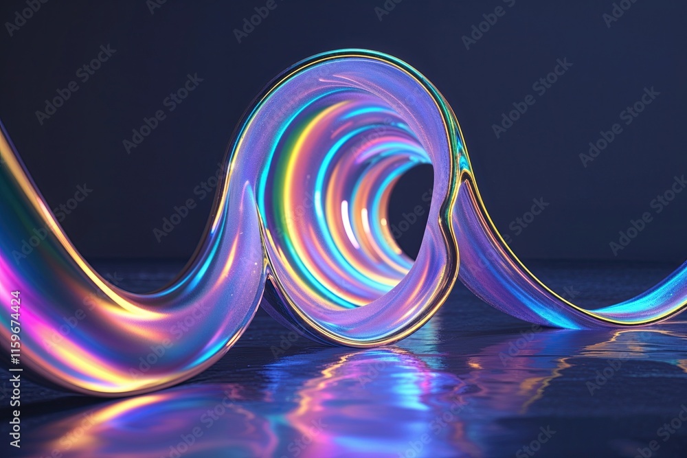 Aufkleber 3d render of luminous iridescent waves creating holographic neon effects in dark environment