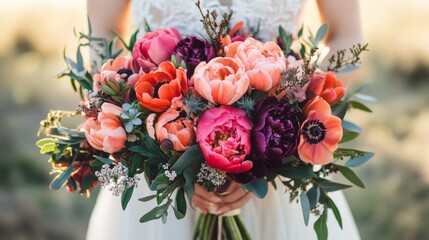 Obraz premium Stunning Coral Pink Purple Wedding Bouquet Flowers
