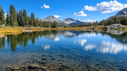 Serene lake reflections mountain landscape nature photography tranquil environment wide angle peaceful escape
