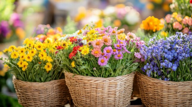 Colorful Flowers Arranged in Wicker Baskets at Market