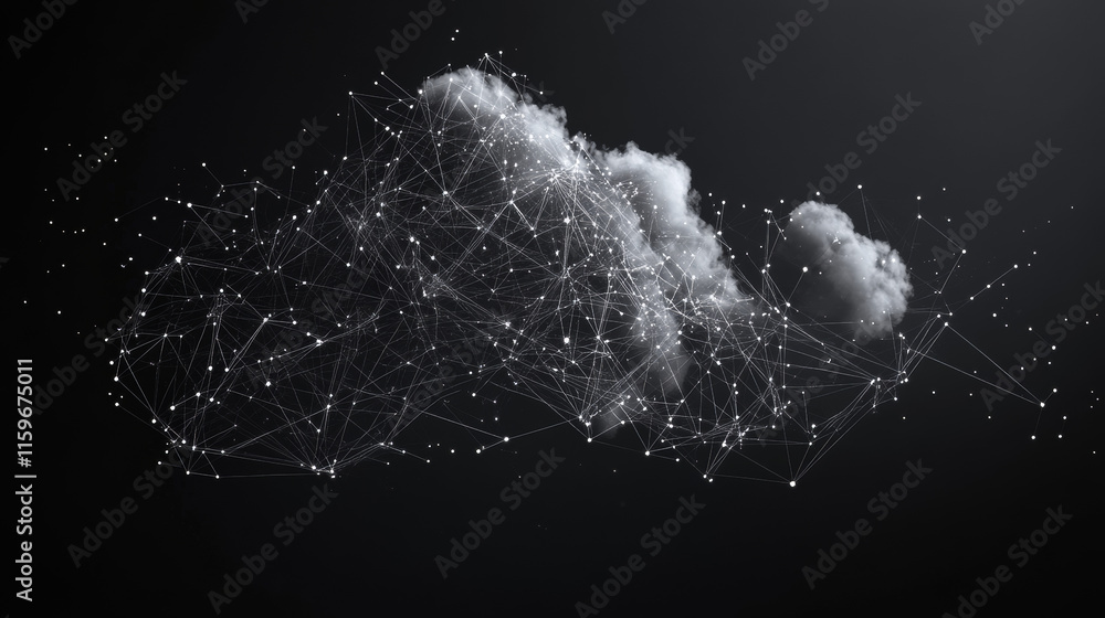 Poster a polygonal cloud design featuring triangles, dots, and a network of lines. this low-poly structure 