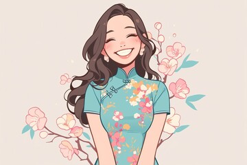 female smiling and wearing Chinese Cheongsam , pastel background, anime style, illustration
