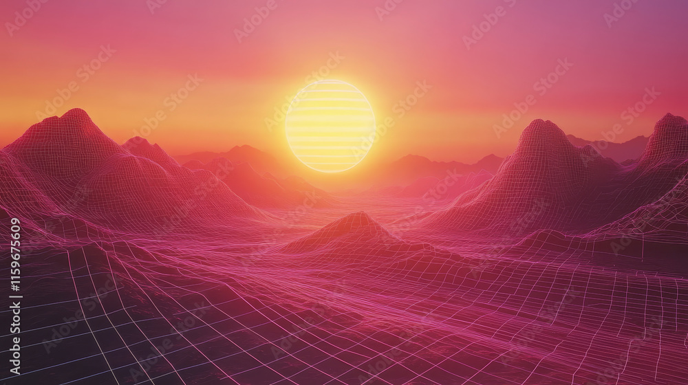 Poster synthwave retro background with grid mountain and neon pink sunset. realistic vector illustration of
