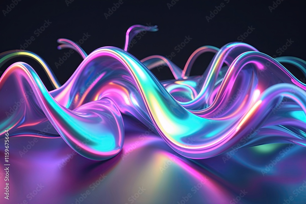 Poster fluid dynamic holographic 3d render of luminous iridescent neon tendrils on dark canvas for gradient