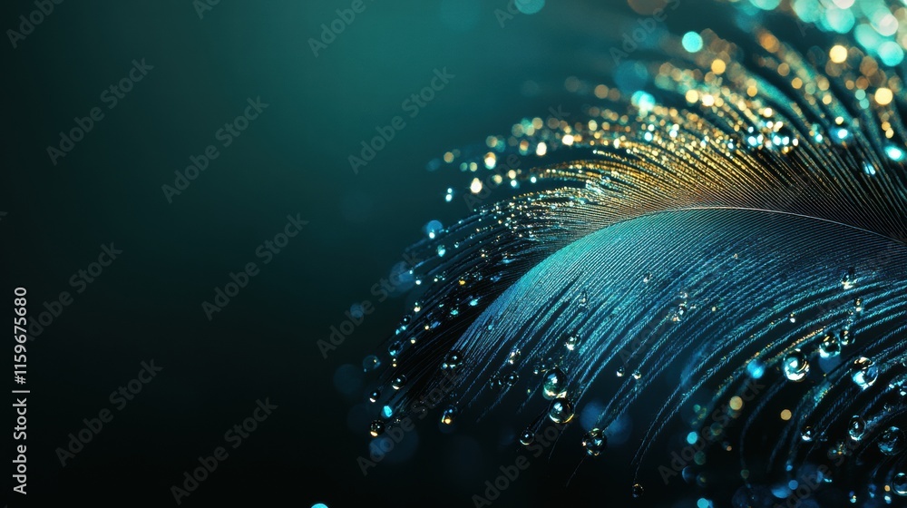 Aufkleber Close up view of a peacock feather glistening with dew drops against a serene background. Generative AI
