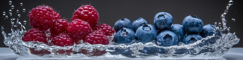 A burst of fresh fruits and vegetables splashing into crystal-clear blue water, highlighting a...