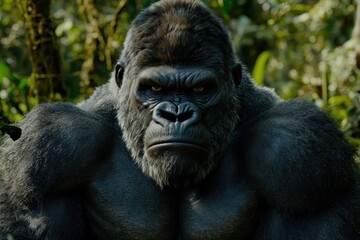 Closeup portrait of intense silverback gorilla in jungle