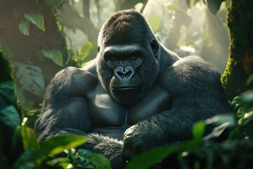 Naklejka premium Majestic silverback gorilla in lush jungle environment showing strength and vulnerability in soft lighting