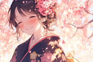 illustration of a anime female smiling and wearing Japanese Kimono , pastel background, Sakura tree