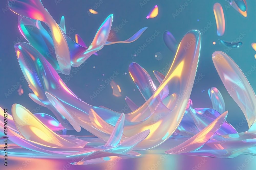 Poster dynamic iridescent translucent shapes in playful motion for beautiful wallpaper and backdrop design