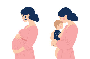 Fototapeta premium Concept of pregnancy and motherhood. Beautiful pregnant woman and mother with baby in her arms standing sideways. Vector illustration