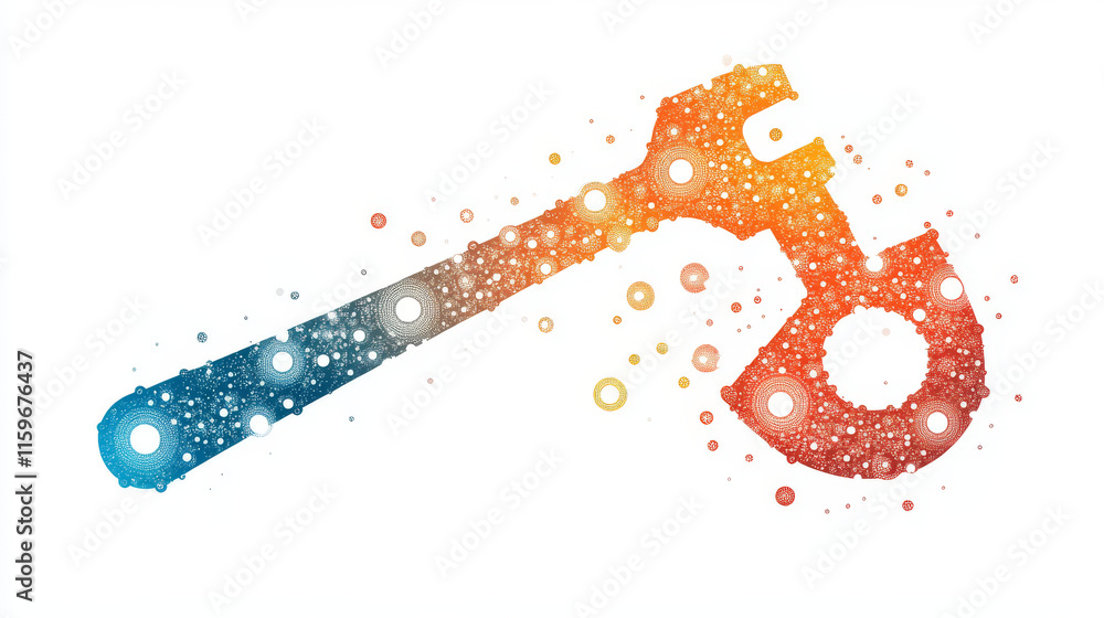 Poster support of particles.a wrench and a hammer consists of small circles and dots. vector illustration
