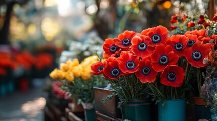 Fototapeta premium Vibrant Red Anemone Flowers Bloom Beautifully In Market
