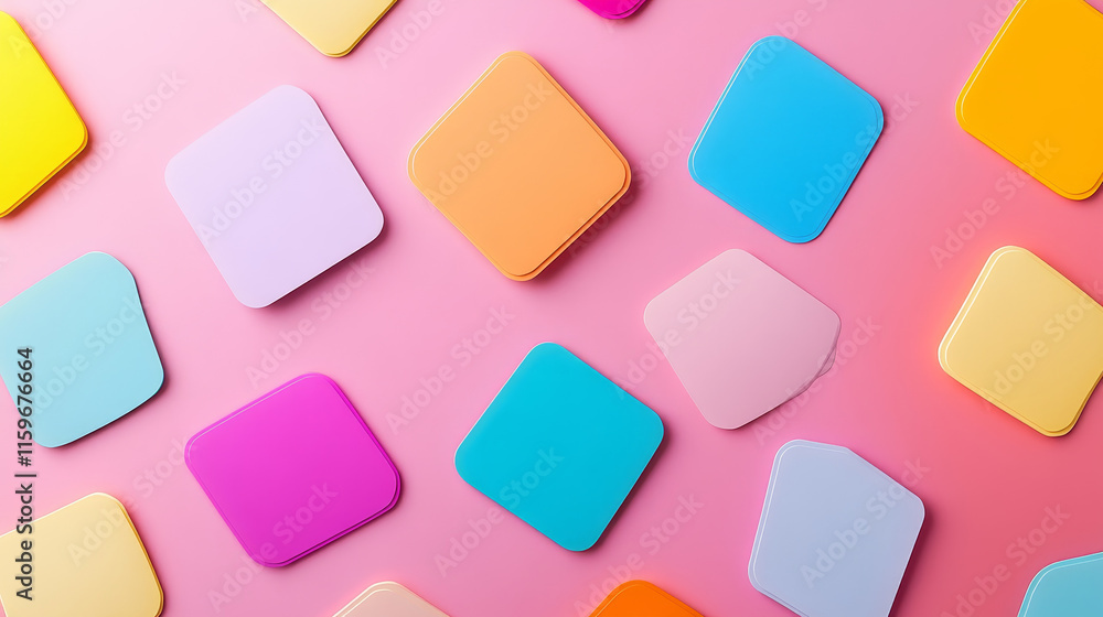 Aufkleber yellow stickers of different shapes mockup with shadow and curly edges. tags, sticky notes for memo 