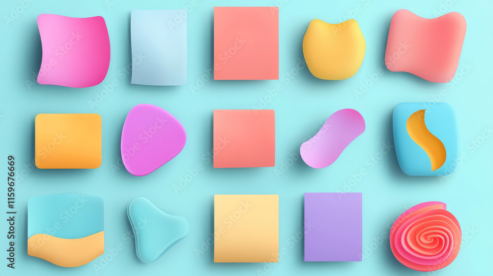 Poster yellow stickers of different shapes mockup with shadow and curly edges. tags, sticky notes for memo 