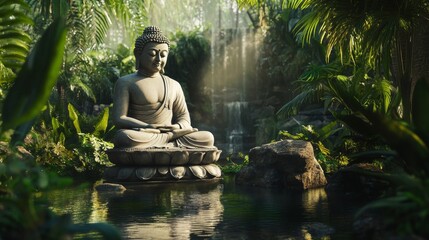 Buddha statue on a lake surrounded by nature