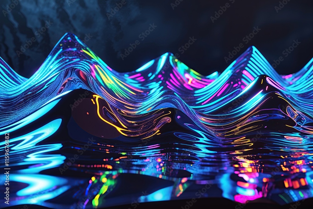 Poster vibrant holographic neon wave patterns in dynamic 3d against dark background