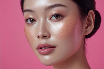Fototapeta premium Stunning Close-Up Portrait of Beautiful Asian Woman with Radiant Skin on Bright Pink Background for Skincare Marketing