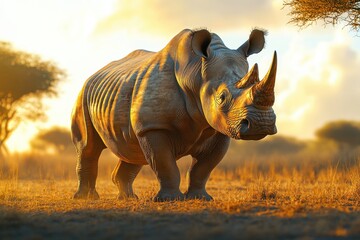 Fototapeta premium White rhinoceros in African savanna under golden sunlight