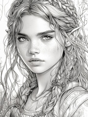 Fototapeta premium Coloring page, young elf girl among the leaves, close-up portrait