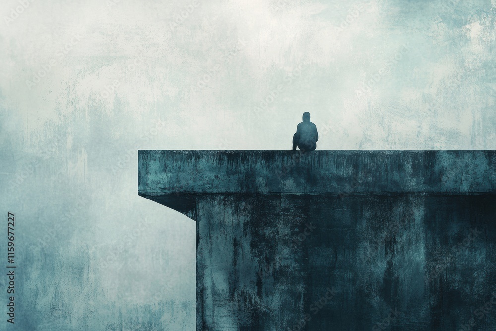 Poster Lonely figure sitting on foggy bridge contemplating the vast emptiness surrounding them. Generative AI