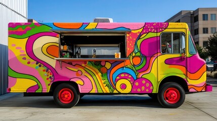 Vibrant colorful food truck parked outdoors, serving drinks and snacks.