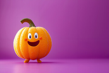 A small orange pumpkin with a smiley face on a purple background