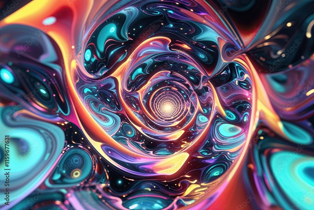 Poster surreal kaleidoscopic shapes in fluid motion for digital art and interface displays