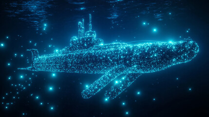 Silhouette of a submarine made of glowing, multicolored dots, resembling stars. The vibrant particles form its sleek shape, symbolizing exploration, depth, and the mysteries of the ocean.