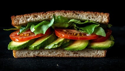 healthy vegan sandwich with avocado, tomato, and lettuce