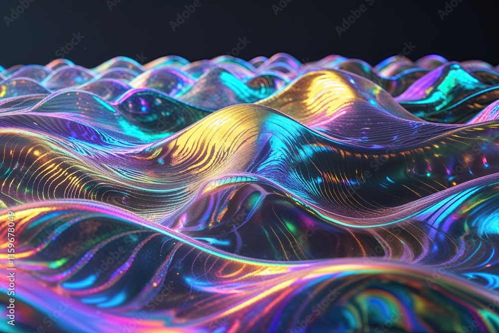 Poster dynamic iridescent wave pattern in 3d holographic design across dark background