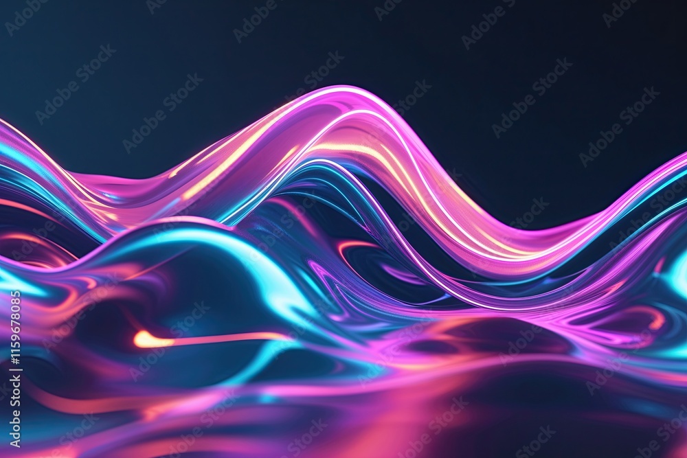 Poster neon holographic wave 3d animation displaying fluid motion on dark background