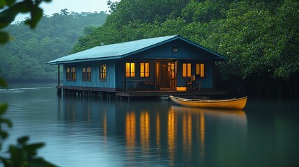 Obraz premium Lakeside Cabin Illuminated At Dusk With Canoe